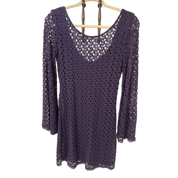 Free People Dress Medium Navy Crochet Lace Lined Boho Whimsigoth Bell Sleeve - Picture 1 of 16